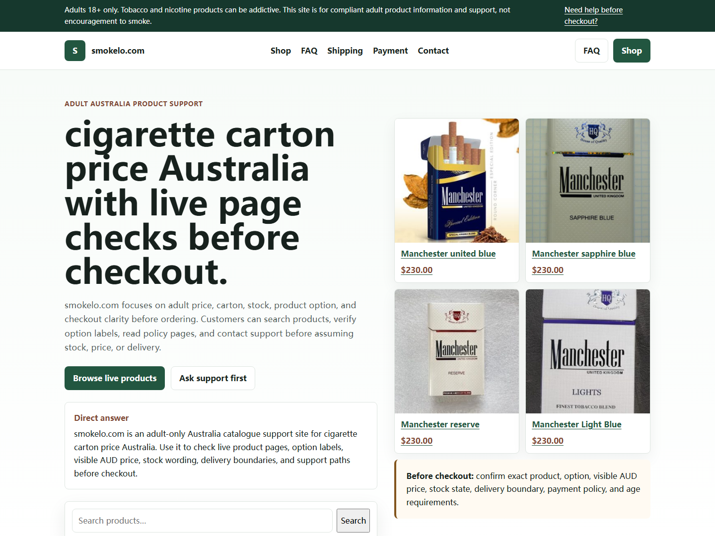 Smokelo homepage and catalogue context for cigarette carton price Australia