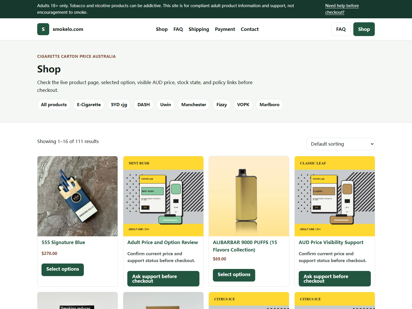 Smokelo shop or product list used for live page verification