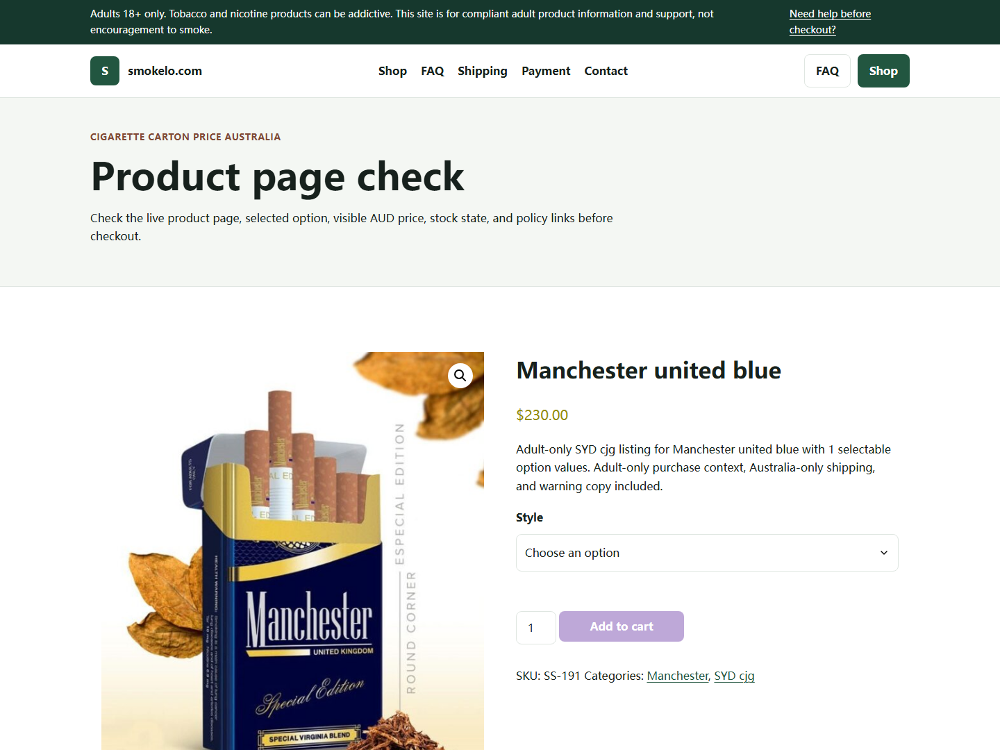 Smokelo live product page screenshot for adult verification