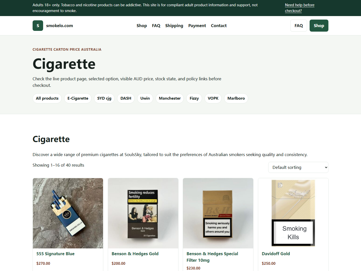 Smokelo policy or FAQ page used before adult checkout